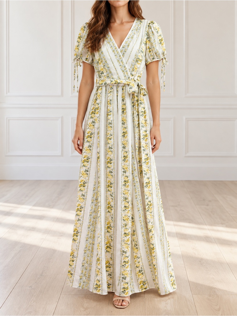 Gal Meets Glam Imogene Maxi Dress Sz 4 Yellow Floral Stripe Wrap Puff Sleeve GMG